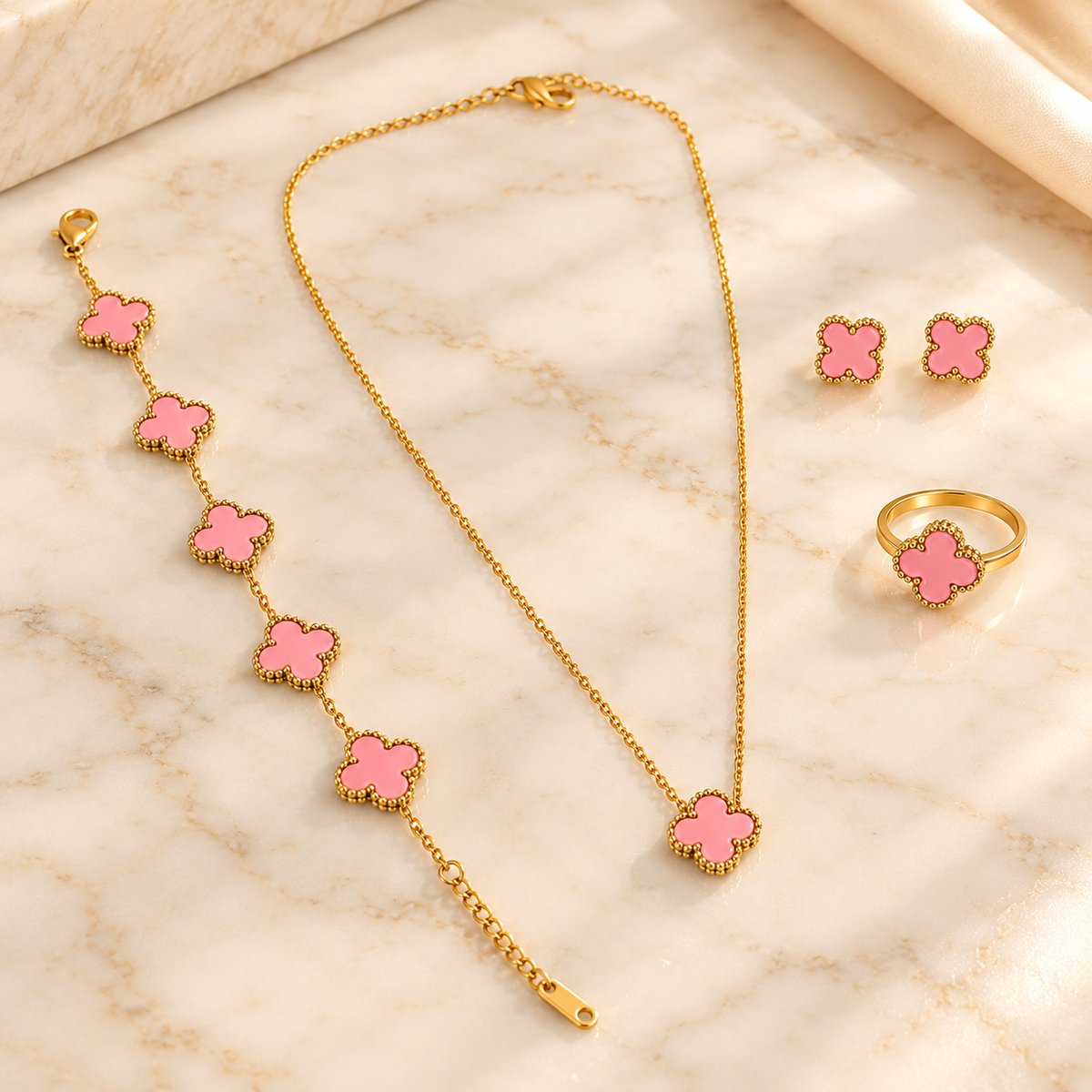 Elegant Pink Clover Gold-Plated Jewellery Set