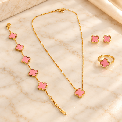 Elegant Pink Clover Gold-Plated Jewellery Set