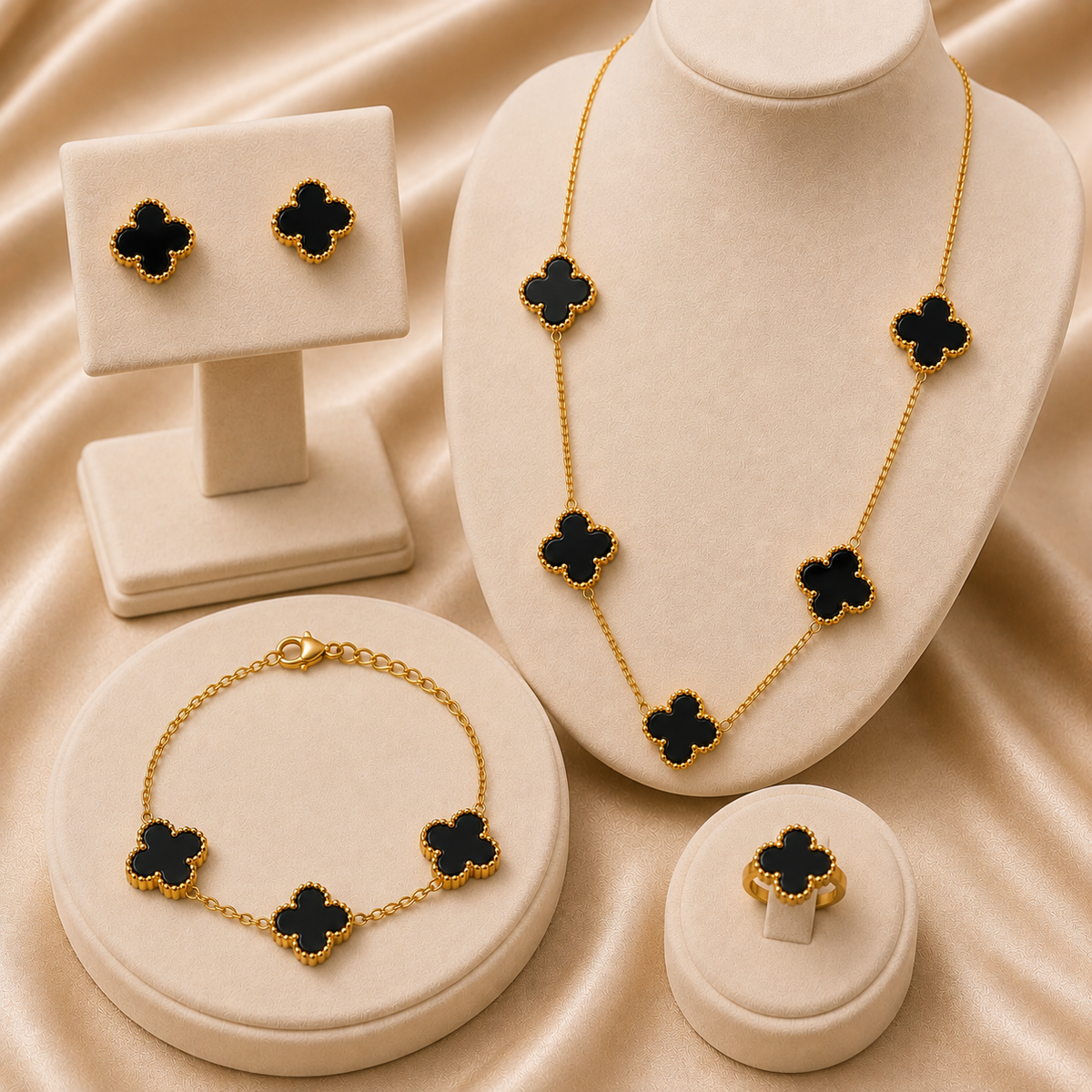 Elegant Black Clover Gold Jewelry Set – Necklace, Bracelet, Ring & Earrings