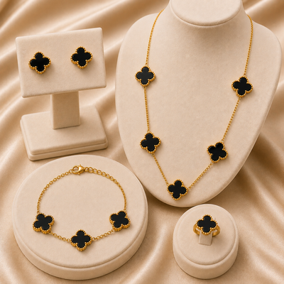 Elegant Black Clover Gold Jewelry Set – Necklace, Bracelet, Ring & Earrings