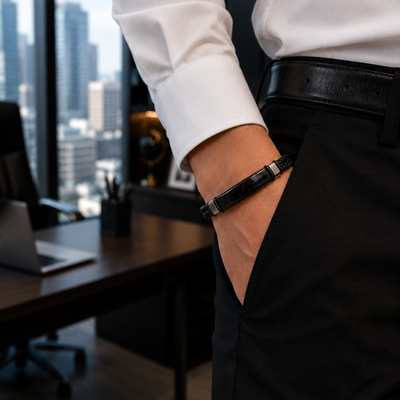 Black Leather Band Bracelet For Men