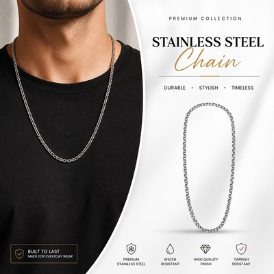 Silver stainless steel chain necklace shown worn on a man's neck over a black shirt, alongside a floating product rendering of the chain and marketing text for a premium collection.DOHA QATAR