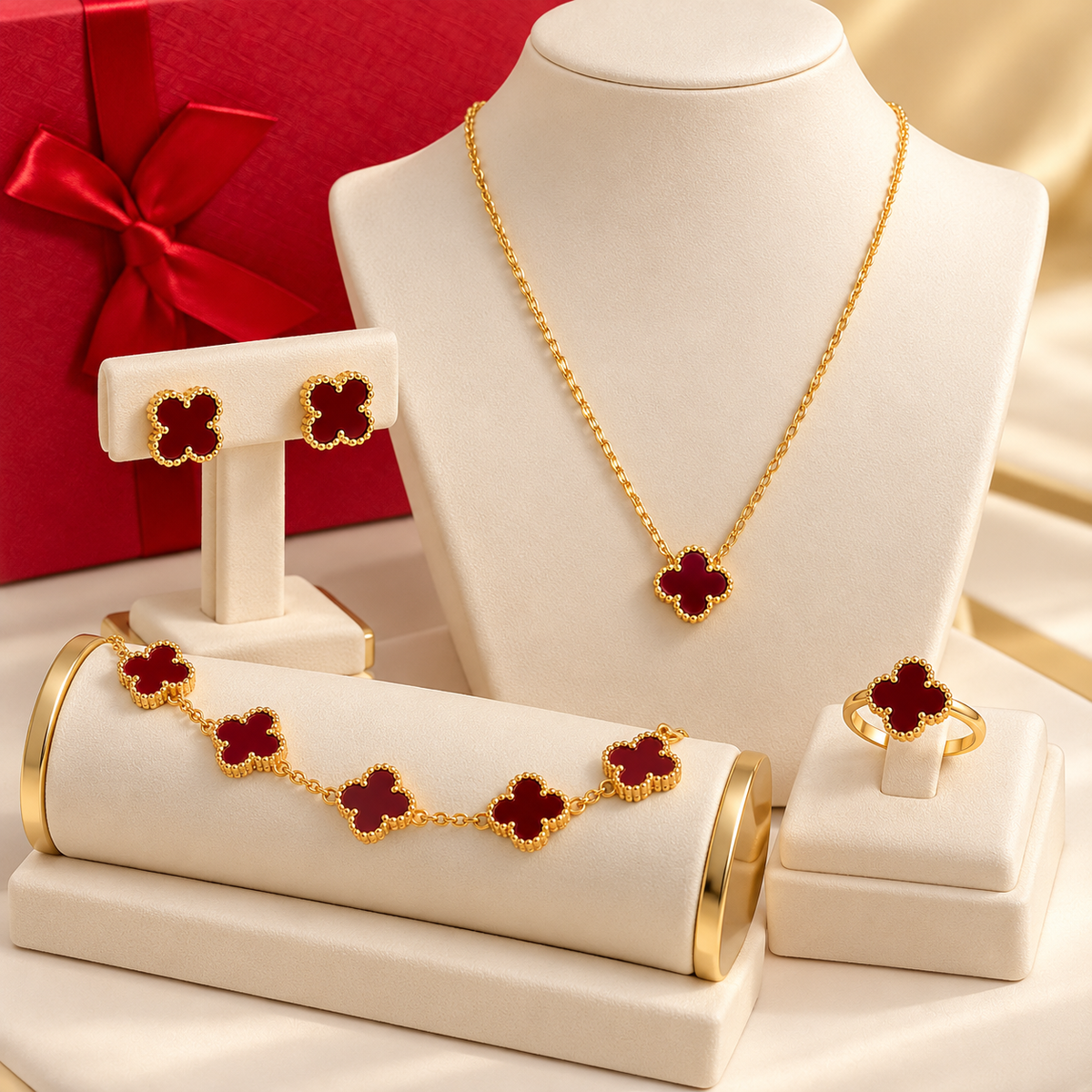 Elegant Red Clover Gold-Plated Jewellery Set