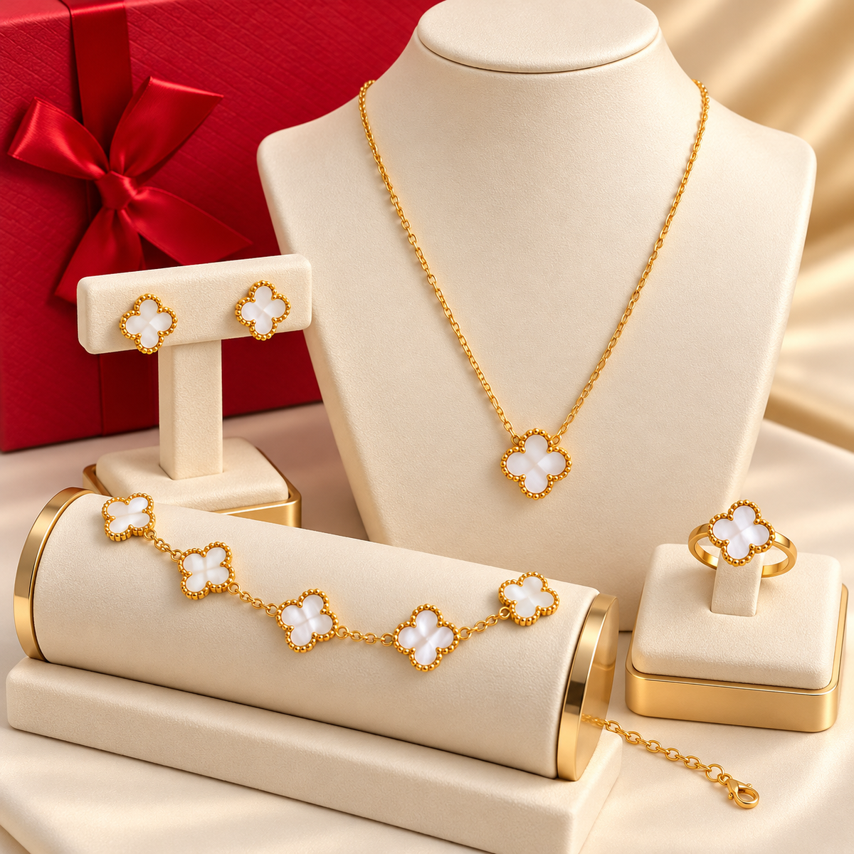 Elegant White Clover Gold-Plated Jewellery Set