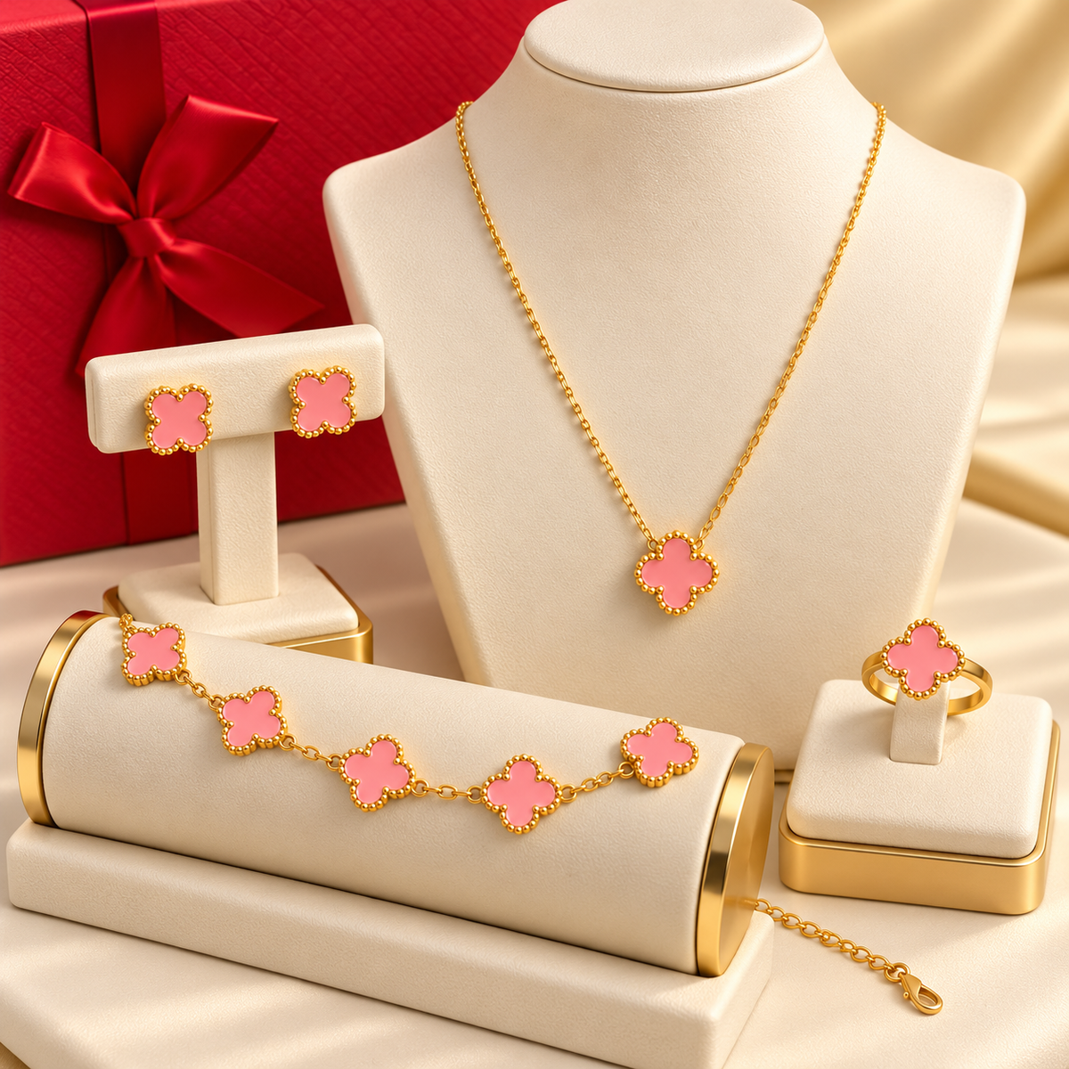 Elegant Pink Clover Gold-Plated Jewellery Set