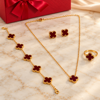 Elegant Red Clover Gold-Plated Jewellery Set