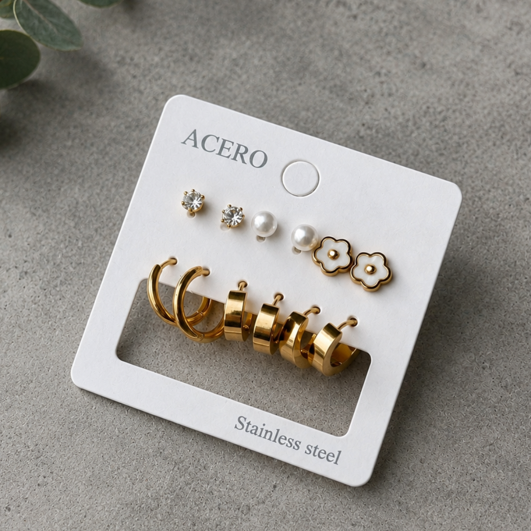 3-pair gold earrings set for women featuring cherry, hoop and sparkling stud designs in premium stainless steel