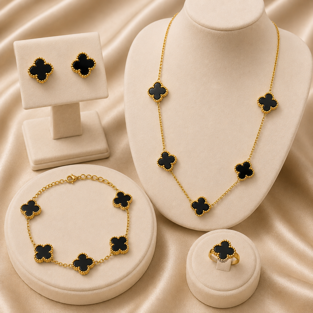 Shop a premium stainless steel black clover gold jewelry set for women in Qatar. Includes necklace, bracelet, ring and earrings. Elegant black and gold design.