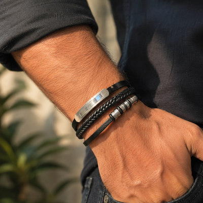 Black & Silver 3 Layer Bracelet For Men