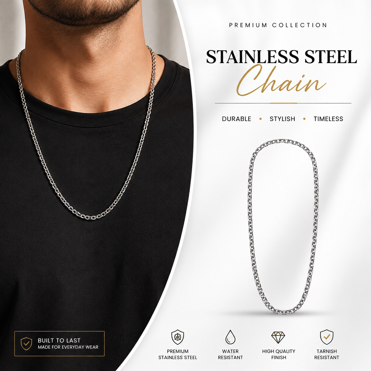 Silver stainless steel chain necklace shown worn on a man's neck over a black shirt, alongside a floating product rendering of the chain and marketing text for a premium collection.DOHA QATAR