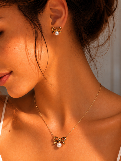 Golden Pearl Bow Jewelry Set