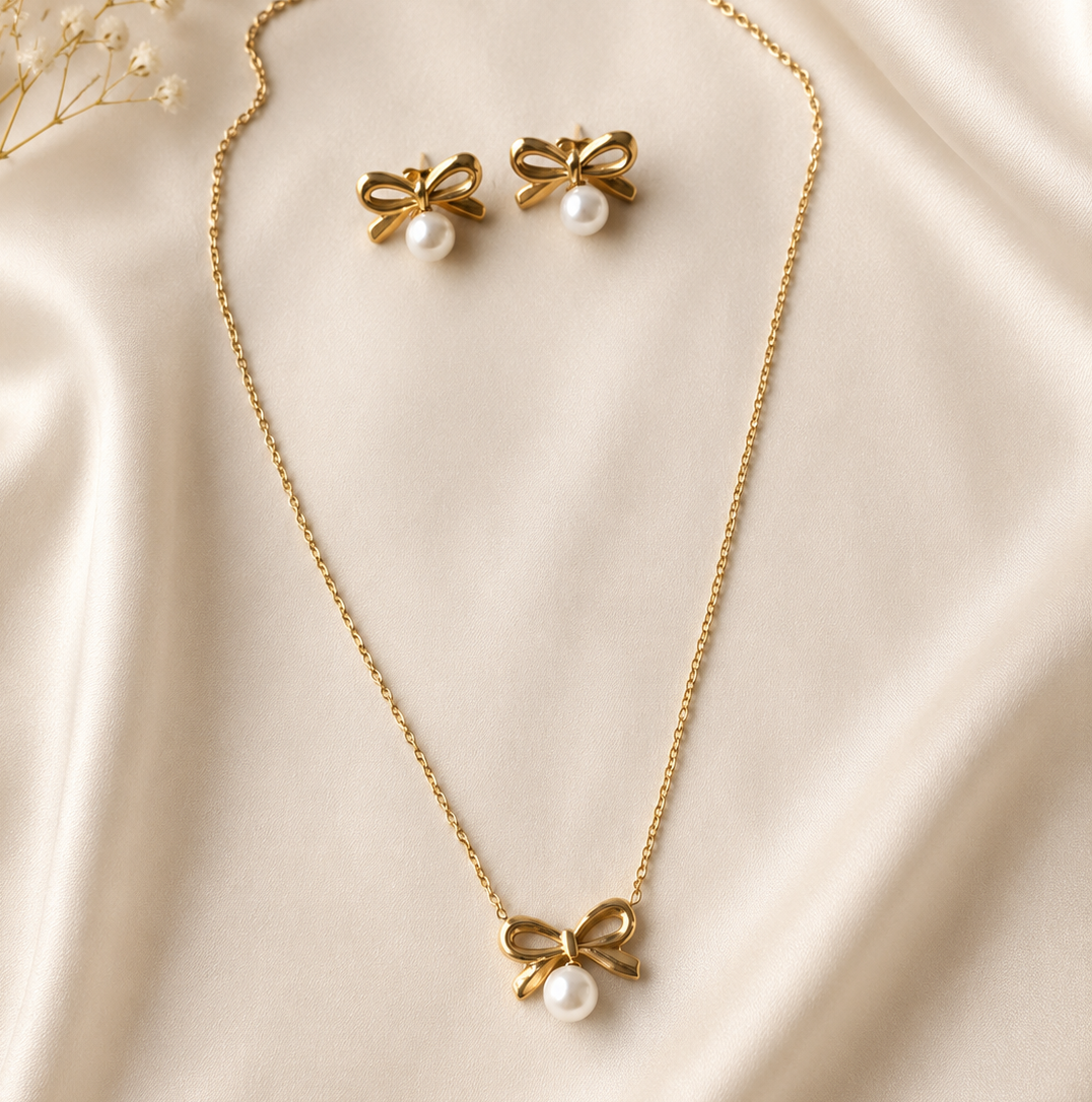 Golden Pearl Bow Jewelry Set