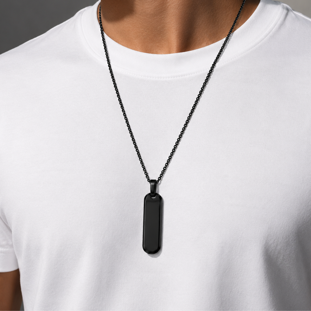 Shop premium men's black bar pendant necklace in Doha, Qatar. Stainless steel, waterproof, fade-resistant minimalist necklace with fast delivery across Qatar.