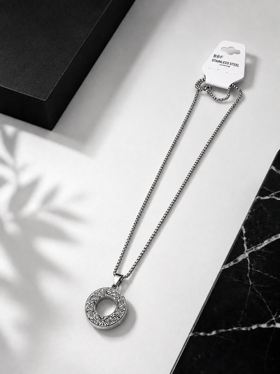 A silver-toned stainless steel FOR MEN necklace with a circular ayat al kursi pendant