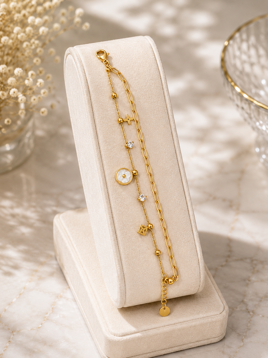 Shop a premium stainless steel gold bracelet for women in Qatar. Elegant charm design with sparkling crystal details, perfect for everyday wear and gifting.